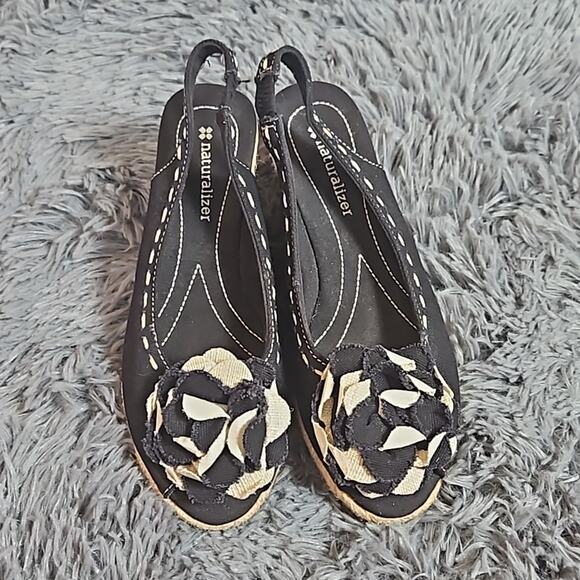 Naturalizer Black Off White Peep Toe Slingback Espadrille Wedge Sandals Sz 6 1/2 - Picture 6 of 11